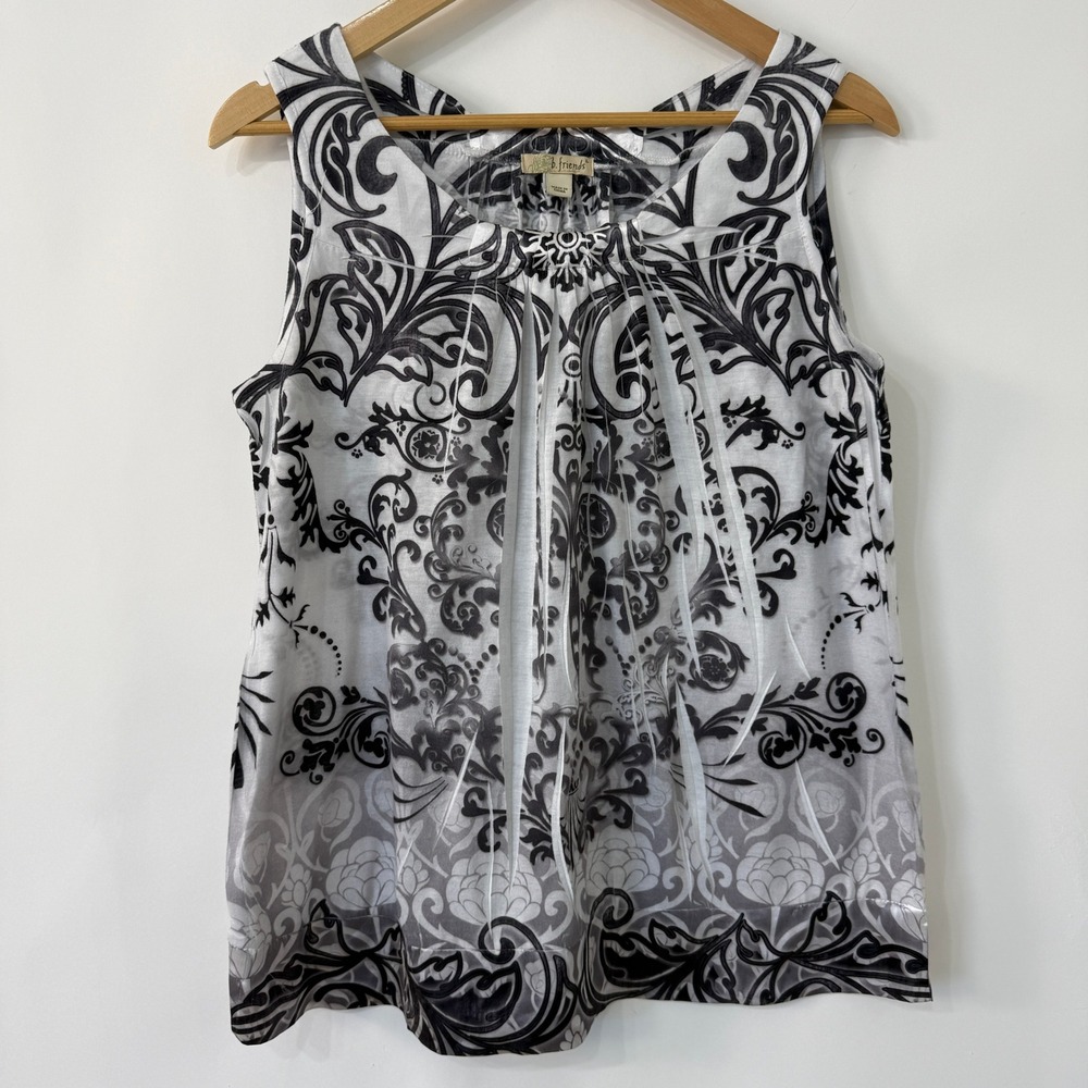 B Friends Damask Scroll Print Tank Top‎ Womens Large Black White Sleeveless